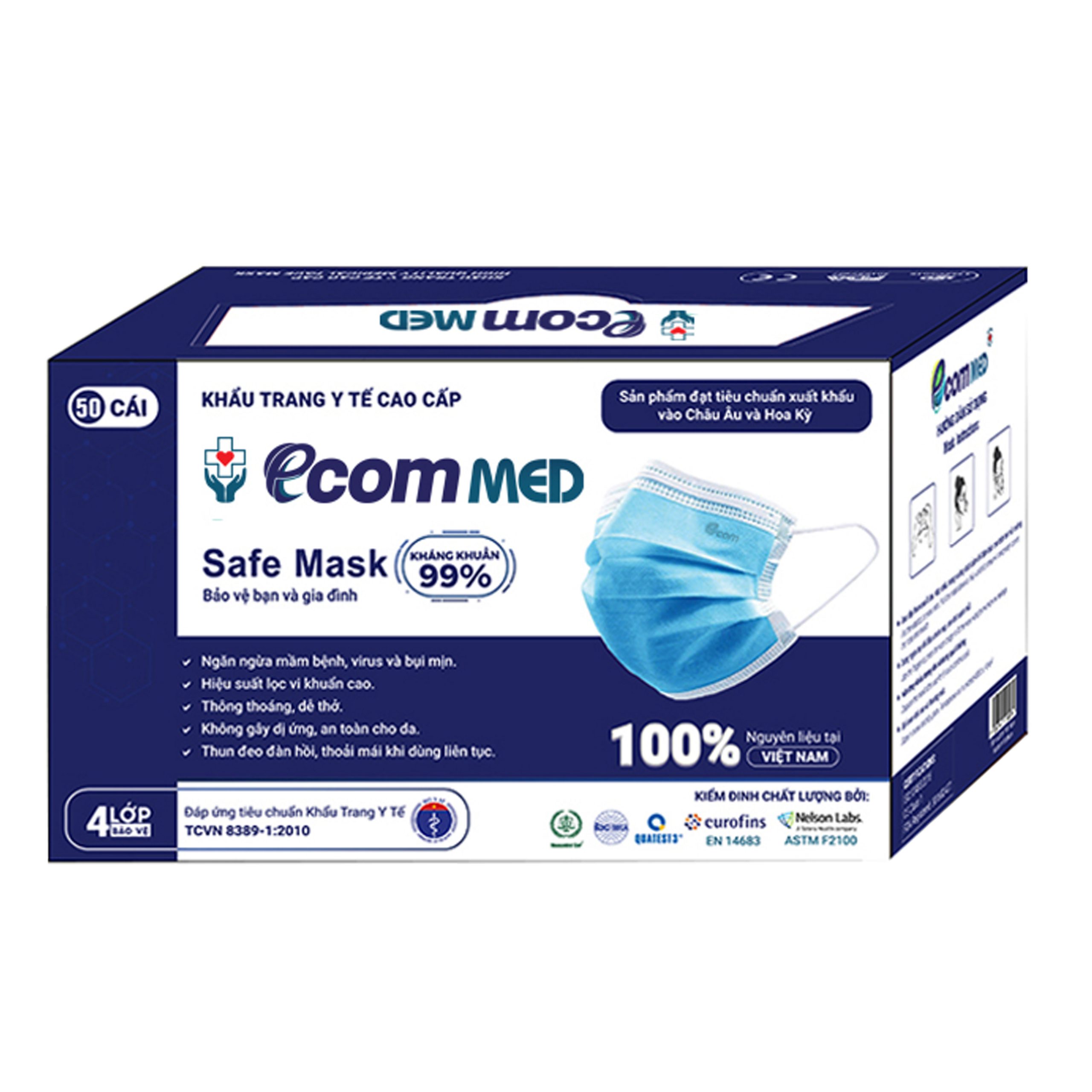 Tính năng kháng khuẩn của khẩu trang Ecom Med là bao nhiêu phần trăm?
